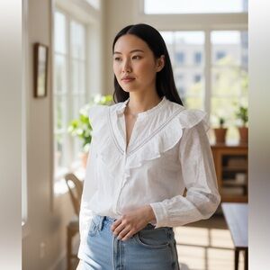 LOFT Womens White Ruffle Crochet Blouse Academia  Twee Romantic Boho Preppy